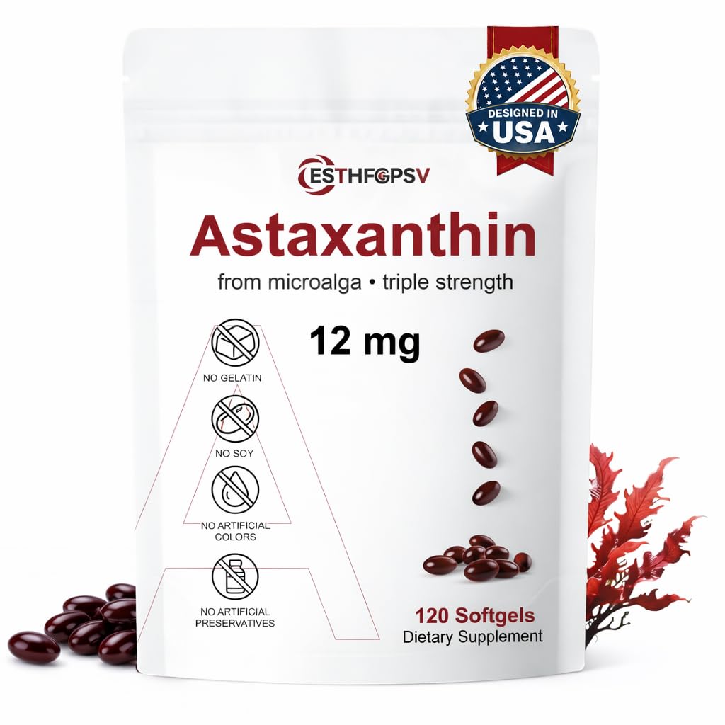 Premium Astaxanthin 12mg Antioxidant Supplement with Vitamin E – 120 Softgels, 4 Month Supply, Microalgae Source, Supports Skin, Eye & Joint Health, Non-GMO, Gluten & Soy Free