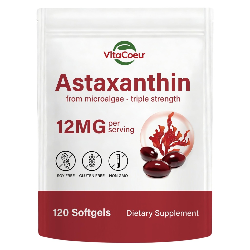 Astaxanthin Supplements 12mg, Premium Astaxanthin Antioxidant Supplement for Eye, Skin, Antioxidant, Fresh Microalgae Source, Gluten Free Non-GMO, 120 Softgels, 4 Month Supply
