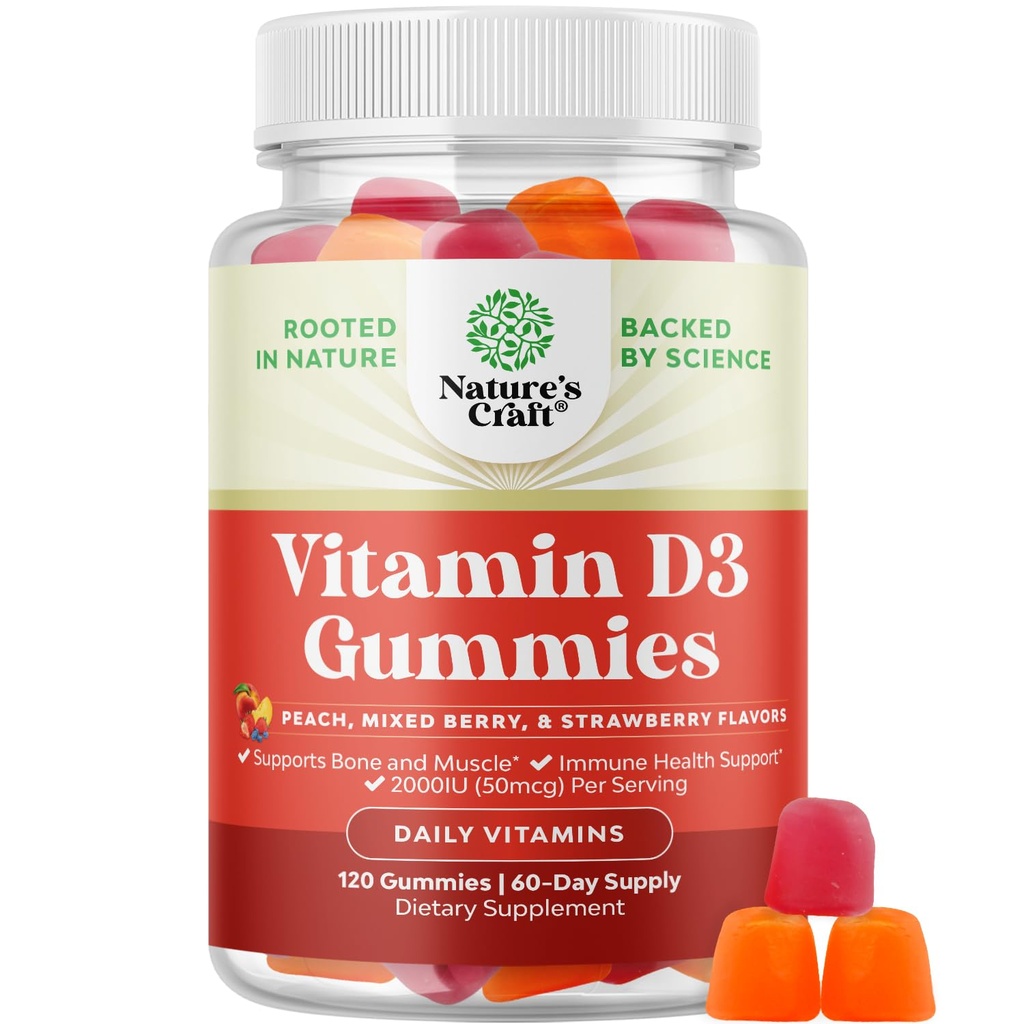Natures Craft Vitamin D3 Gummies for Daily Wellness - Delicious Vitamin D Gummies for Adults with D3 2000IU per Serving Bone Muscle & Immune Support - Non-GMO Gelatin & Gluten Free - 120 Count