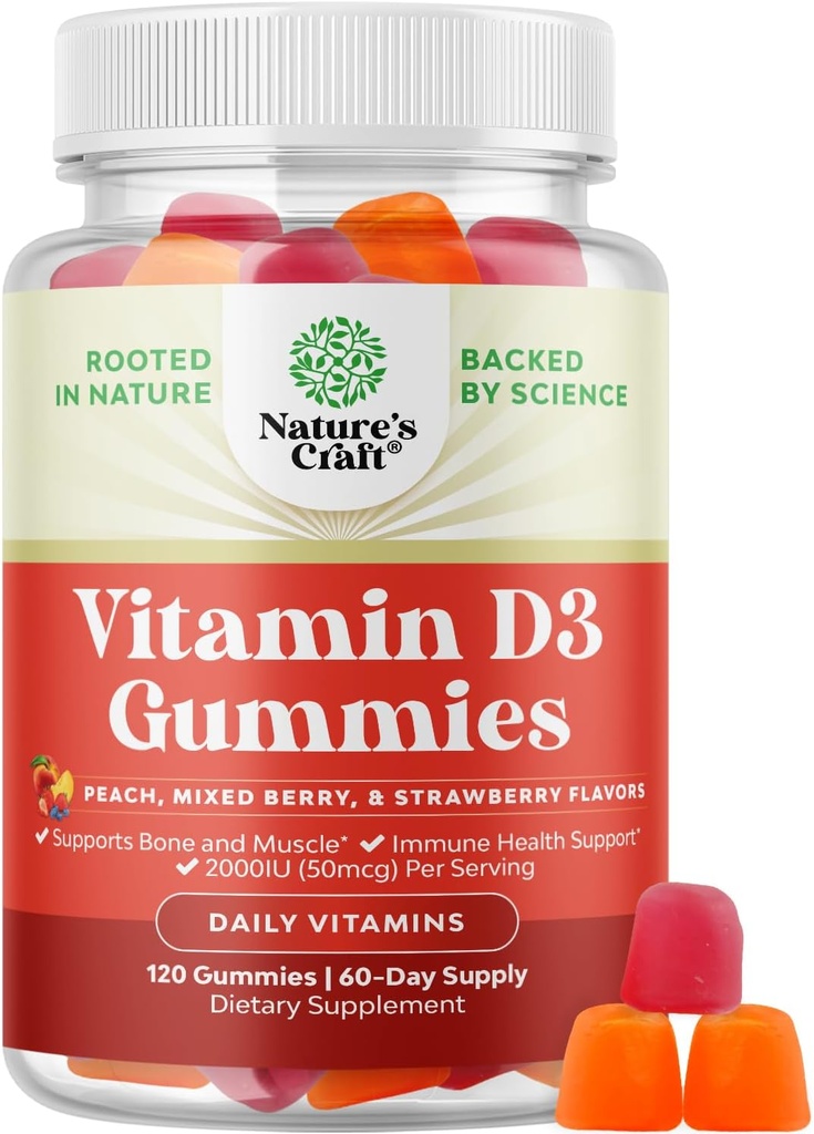 Natures Craft Vitamin D3 Gummies for Daily Wellness - Delicious Vitamin D Gummies for Adults with D3 2000IU per Serving Bone Muscle ' Immune Support - Non-GMO Gelatin & Gluten Free (60 Day Supply)