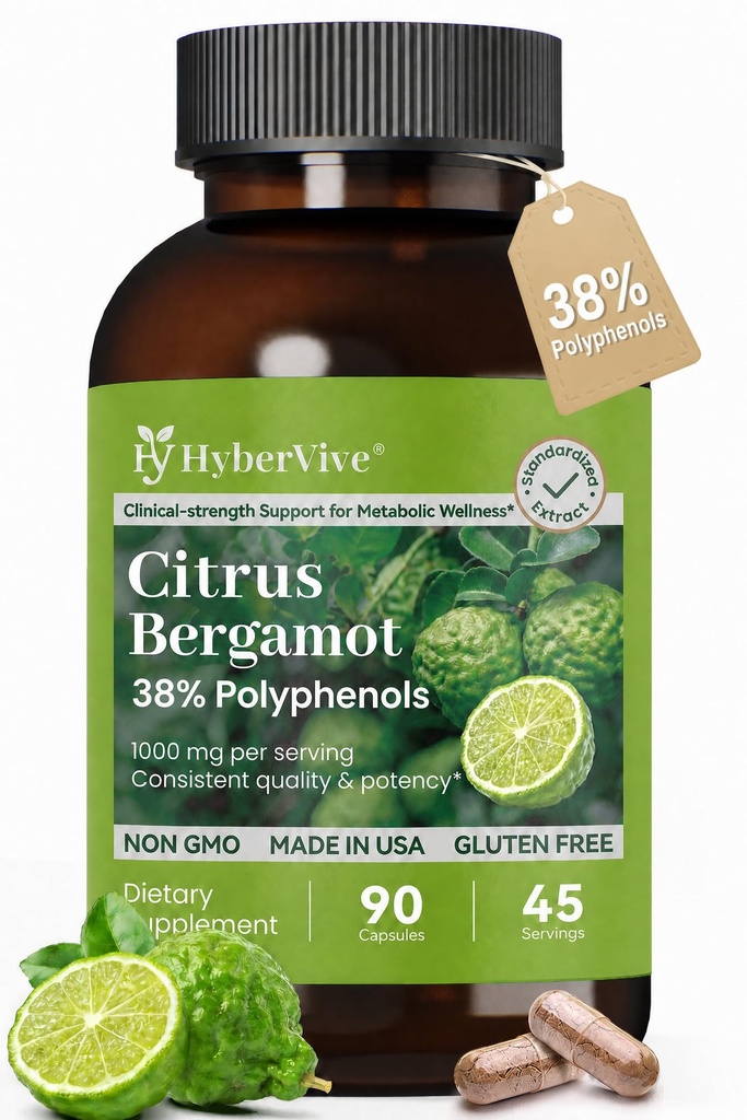 Citrus Bergamot Supplement 1000mg, Standardized 38% Polyphenols High-Potency Extract for Heart & Metabolic Wellness, Antioxidant-Rich Formula, Non-GMO, Made in USA, 90 Vegan Capsules