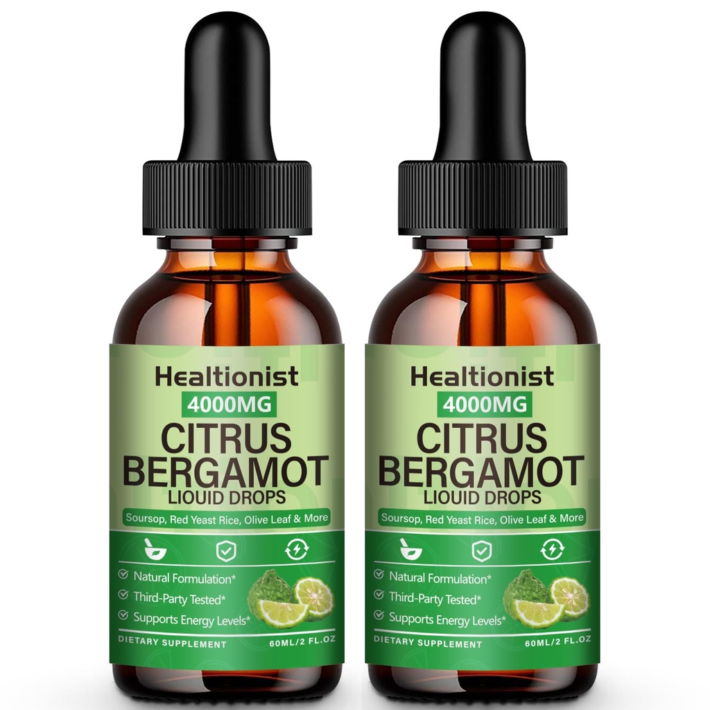 2 Packs 4000mg Citrus Bergamot Liquid Drops - Cholesterol Lowering Supplement for Immune Support Anti-Aging, Hight Cholesterol - Soursop Bitters Liquid, High Absorption, 4 Fl Oz