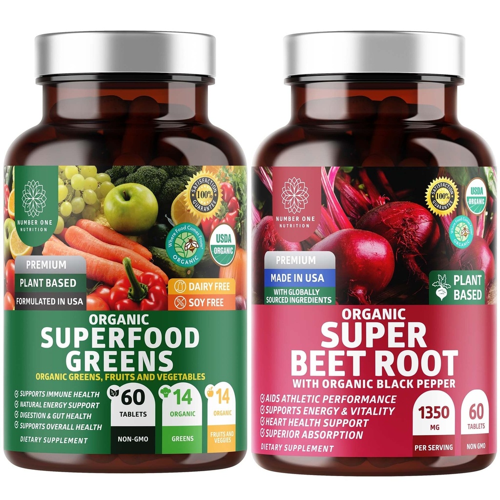 Number One Nutrition N1N Premium and Organic Superfood Greens and Beet Root Tablets for Immunity and Antioxidant Support, Packed with Alfalfa, Spirulina and Barley Grass, 120 Tablets