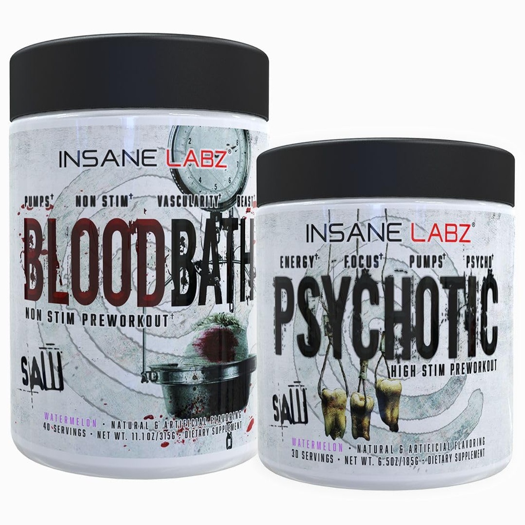 Insane Labz Psychotic Saw® and Bloodbath Pre Workout Nitric Oxide Booster Stack, Increase Muscle Mass, Vascularity, Strength, Energy, Focus (Watermelon, 30 Servings)