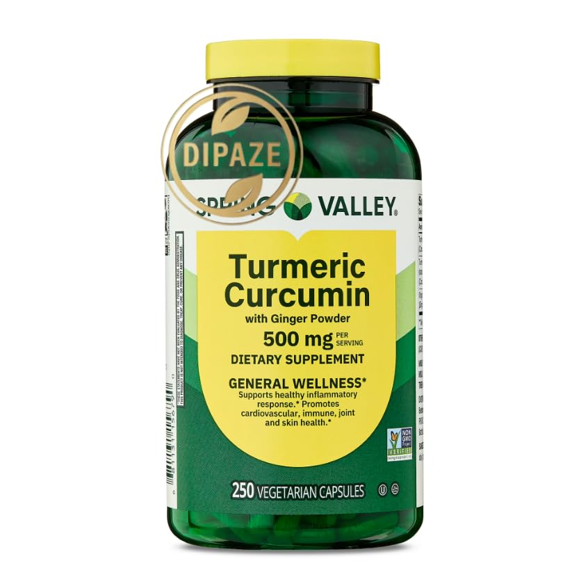 Spring Valley Turmeric Curcumin with Ginger Capsules, 500 mg, 250 Count – Herbal Dietary Supplement – Vegetarian Capsules – Daily Supplement + Dipaze Gift (Container)