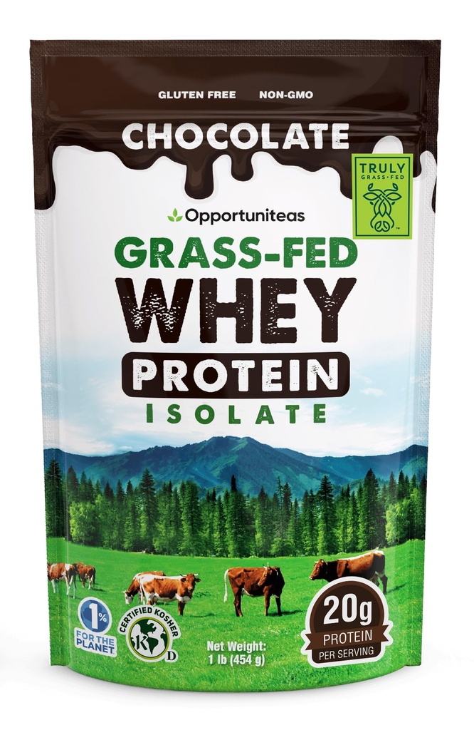Opportuniteas Grass Fed Chocolate Whey Isolate Protein Powder – 20 g Protein, Heavy-Metal Tested, Made with Organic Cacao & Organic Cane Sugar, Non-GMO, Hormone-Free, Sourced from Ireland, 1 lb