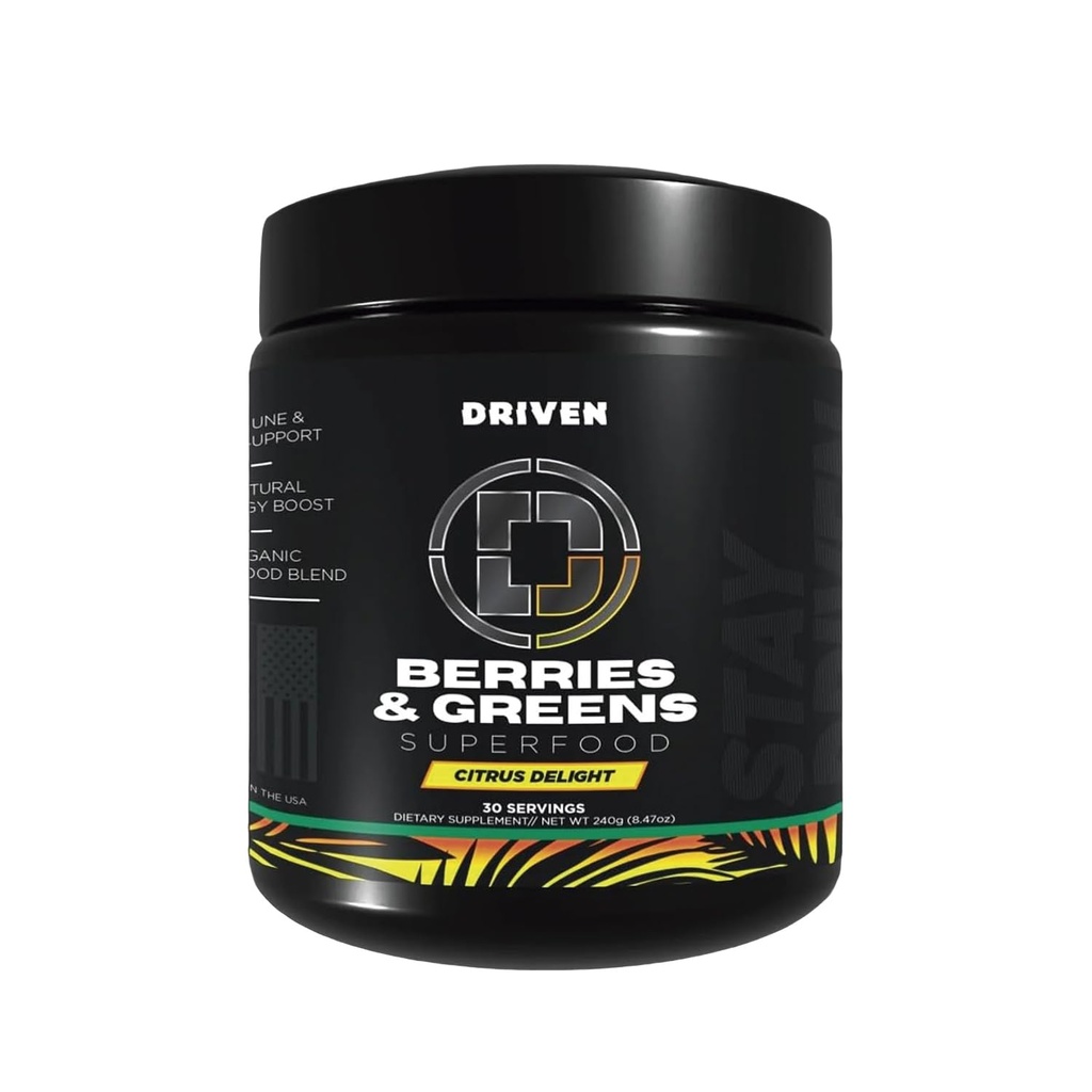 Driven B&G Berries & Greens Superfood Powder, 30 Servings - Organic Plant-Based Formula with Probiotics & Digestive Enzymes -Supports Recovery, Healthy Digestion, and Immune Function (Citrus Delight)