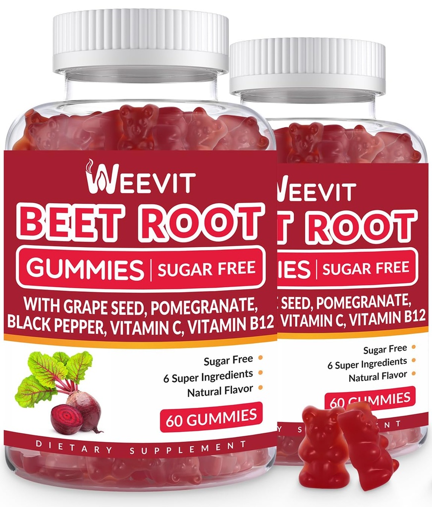 WEEVIT Beet Root Gummies, Nitric Oxide Supplement for Men Women | Organic Beet Gummy with Grape Seed, Pomegranate, Black Pepper, Vitamin C, B12