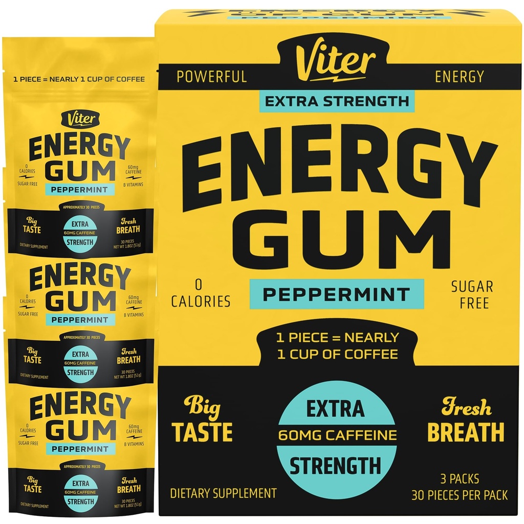 Viter Energy 60mg Caffeine Gum (Peppermint Flavor, 30 Pieces, 3 Pack) - Sugar Free, Vitamin B3, B6, B9, B12, Zero Calories, Caffeinated Energy Chews, Nootropic Focus Supplement for Men & Women