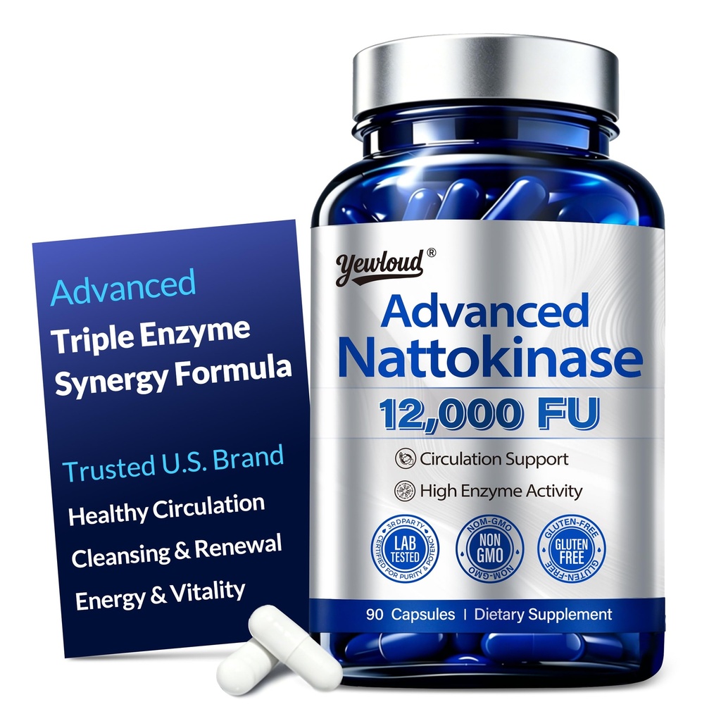 Ultimate Nattokinase 12,000FU Serrapeptase 360,000 SPU Lumbrokinase 10,000 FUV Triple Enzyme Supplement - Nattokinase Supplement for Cardiovascular and Circulatory Support, Gluten Free, 90 Capsules