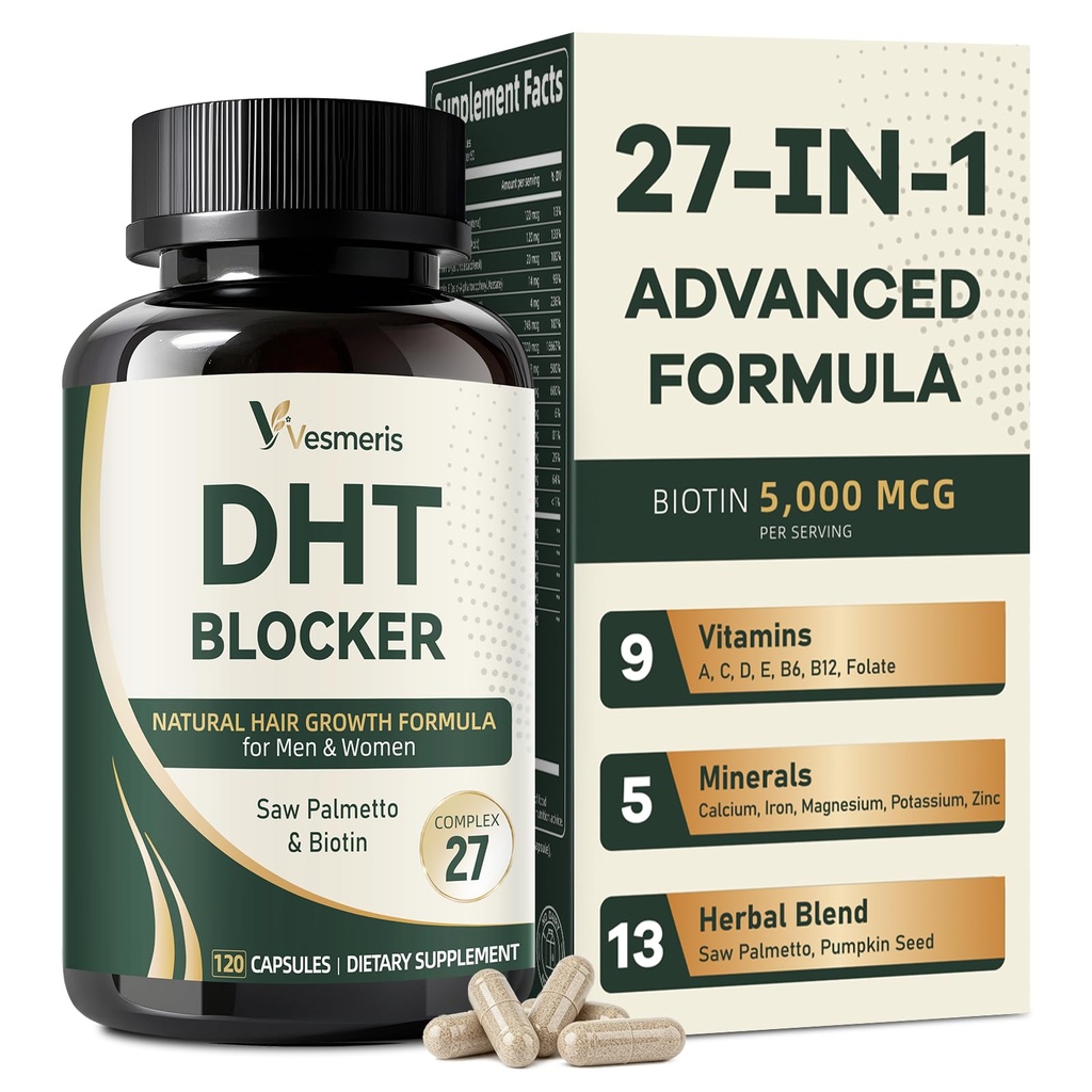 DHT Blocker for Men & Women, 27-in-1 Hair Growth Supplement, with Saw Palmetto, Pumpkin Seed Oil, Biotin for Hair Loss, Supports Healthy, Stronger Hair, Natural Herbal Complex, 120 Vegan Capsules