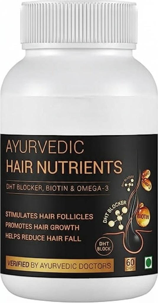DHT Blocker Ayurvedic Hair Nutrients Vitamins - Plant Based Gluten Free | Biotin, Omega-3 & Flaxseeds | Controls Hair Fall & Stimulates Follicles | 100% Veg | 60 Capsules