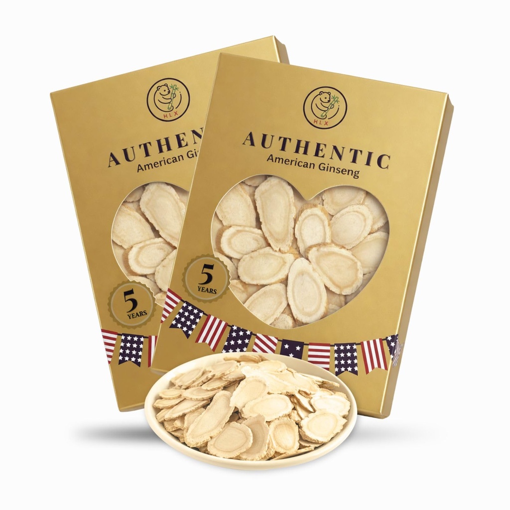 HLX 2 Boxes of 5 Year American Ginseng Slices - Hand Selected Wisconsin Panax Ginseng, Organic Ginseng Root Slices for Men & Women, for Tea & Soup, Daily Use (8 Ounce)