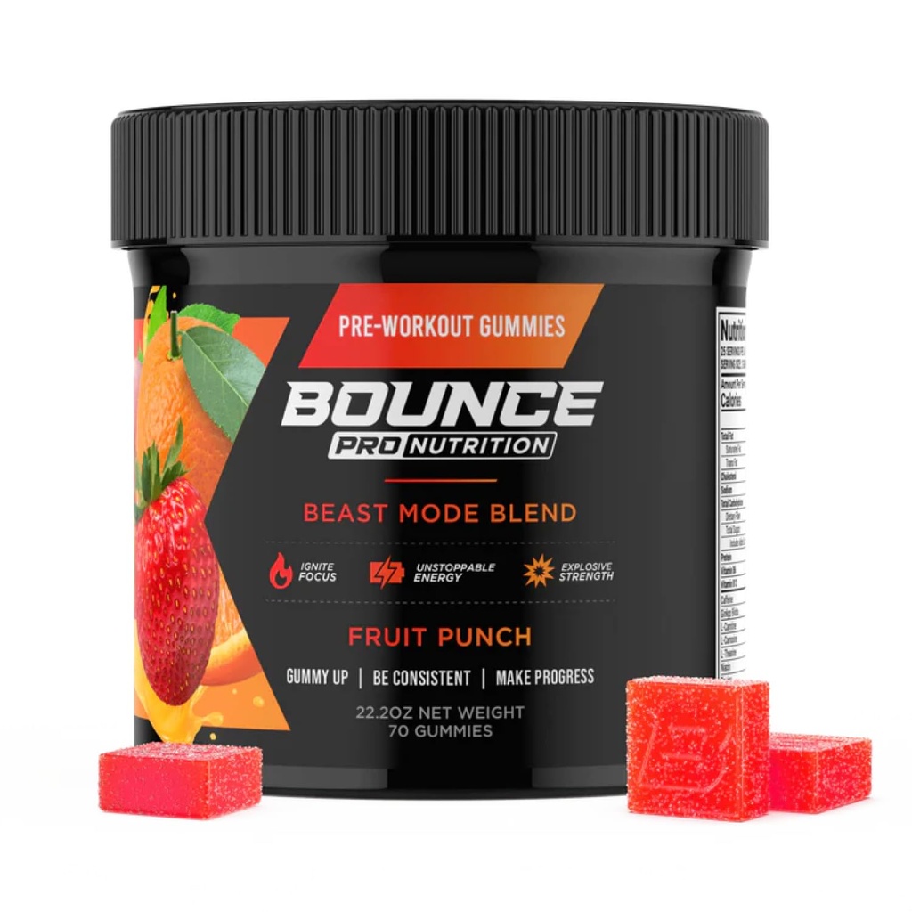 Bounce Pro Pre Beast Mode Workout Gummies with Caffeine, Beta-Alanine & L-Tyrosine for Energy, Focus & Training Intensity (70 Count (Pack of 1), Fruit Punch)