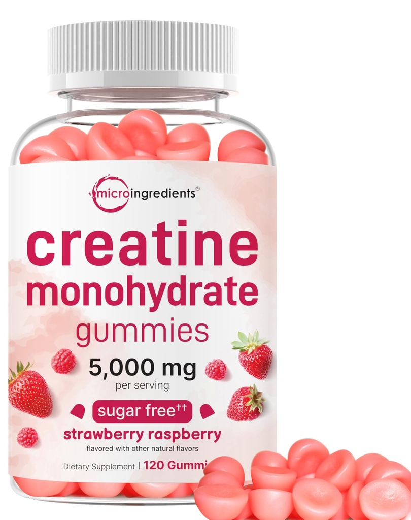 Creatine Monohydrate Gummies 5,000mg Per Serving, 120 Count | Sugar Free Strawberry Raspberry Flavored | Creatine for Women & Men | Pre Workout + Muscle Strength & Recovery Support | Non-GMO