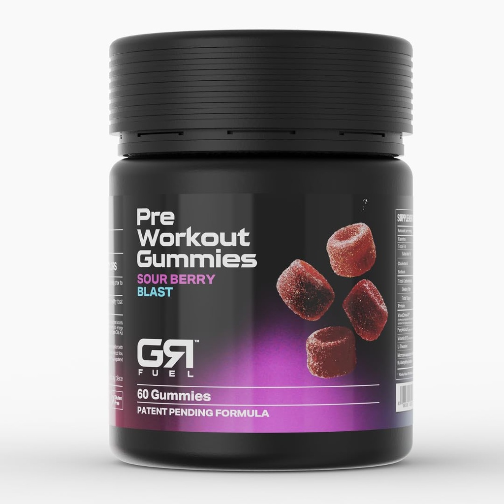 GR Fuel Pre Workout Gummies | Encapsulated Caffeine, L-Theanine & Methylated B12 | with Purple Force & Vasodrive-AP | Energy, Focus & Endurance | Vegan & USA Made | 30 Servings (Sour Berry Blast)