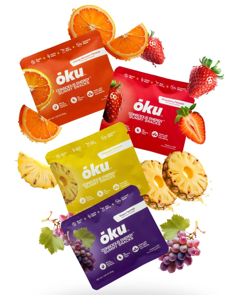 ōku Functional Energy Chews, 60mg of Caffeine from Green Tea & Yerba Mate, Coconut Water for Hydration and 4 Grams of Fiber, Travel Size Gummy Packs, Variety Pack (8-Pack)