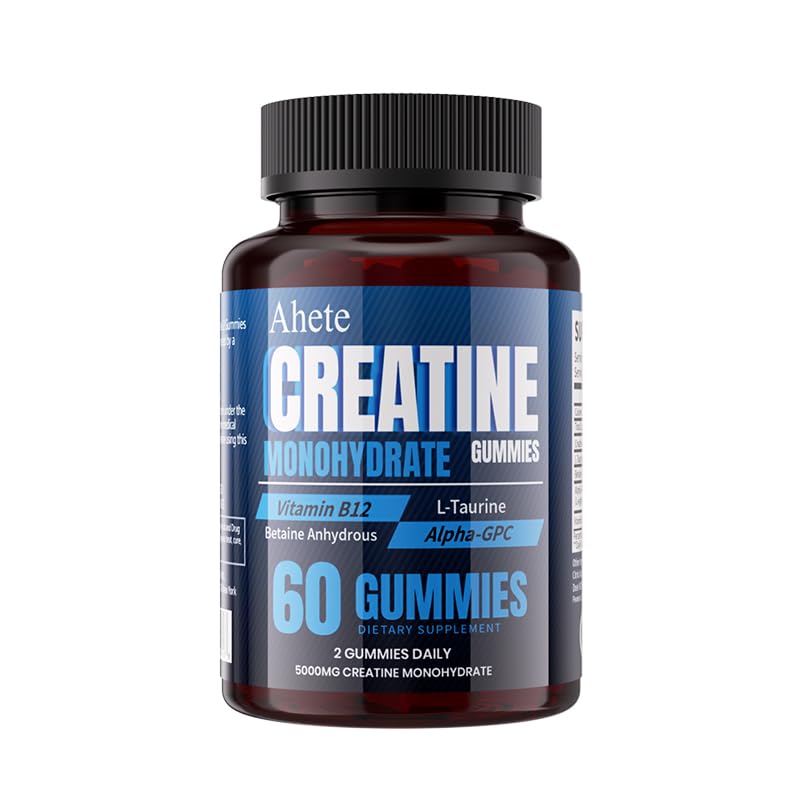 Creatine Gummies 5000mg Sugar Free, Creatine Monohydrate with Taurine, Betaine & Alpha GPC, Zero Sugar Pre Workout Gummies for Muscle Growth, Energy & Focus, 60 Gummies