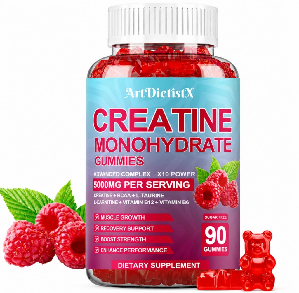 Creatine Monohydrate 5000mg Gummies with BCAA, L-Carnitine, Taurine & Vitamin B12 - Pre Workout Supplement for Muscle Growth, Strength & Energy, Raspberry Flavor Gummies, 90 Count for Men & Women