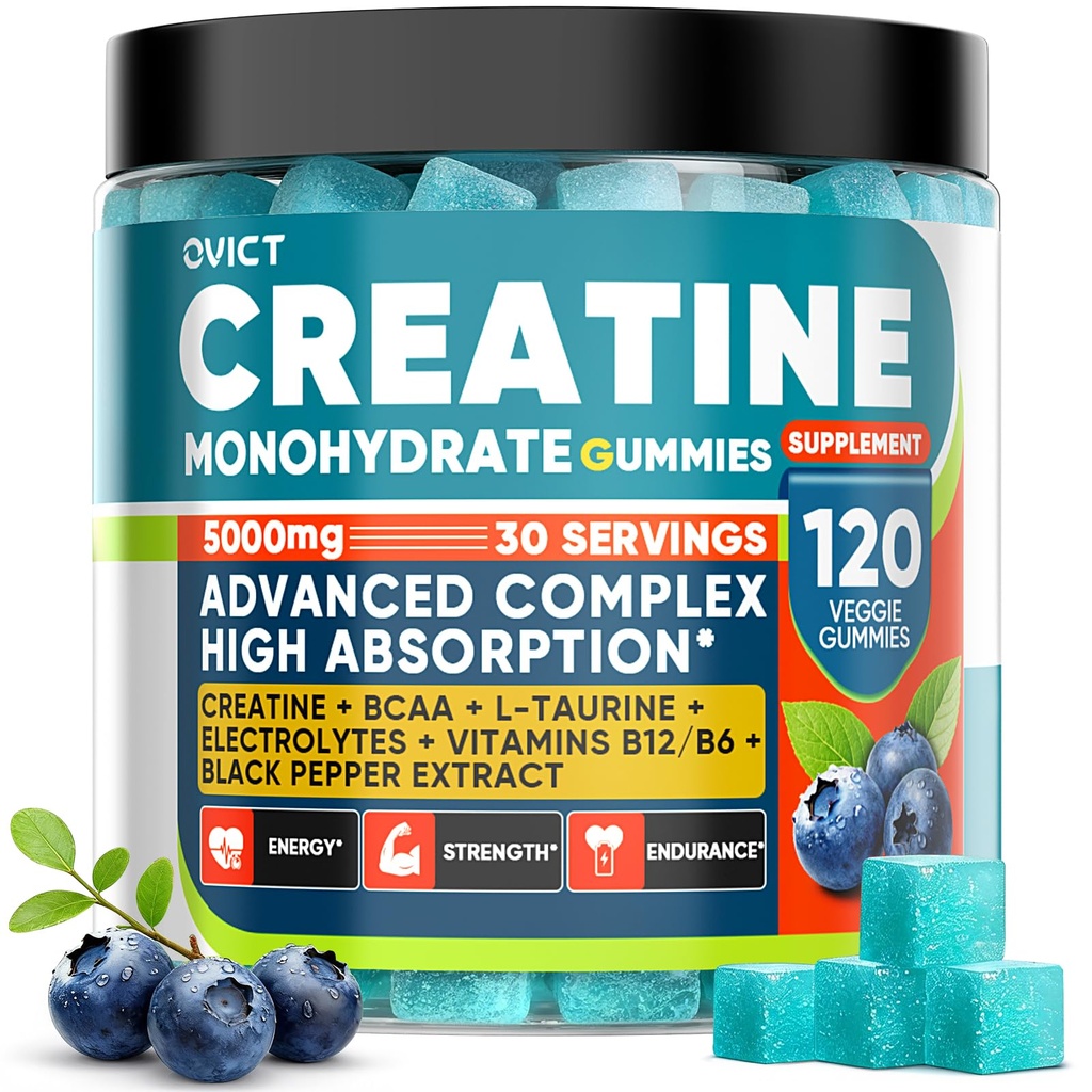 99.99% Creatine Monohydrate Gummies for Men Women 5g, 7-in-1 Pre-Workout Complex with BCAA, Taurine, B12/6 & Electrolytes, 6X Boost Energy, Muscle Strength & Recovery, Brain Focus, Vegan, Sugar Free