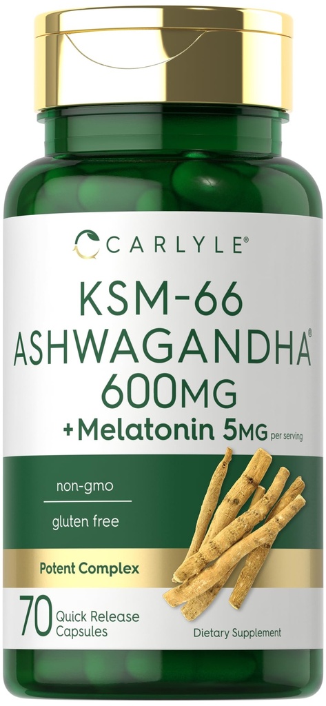 Carlyle KSM-66 Ashwagandha Capsules 600mg | 70 Count | with Melatonin 5mg | Potent Complex | Non-GMO, Gluten Free