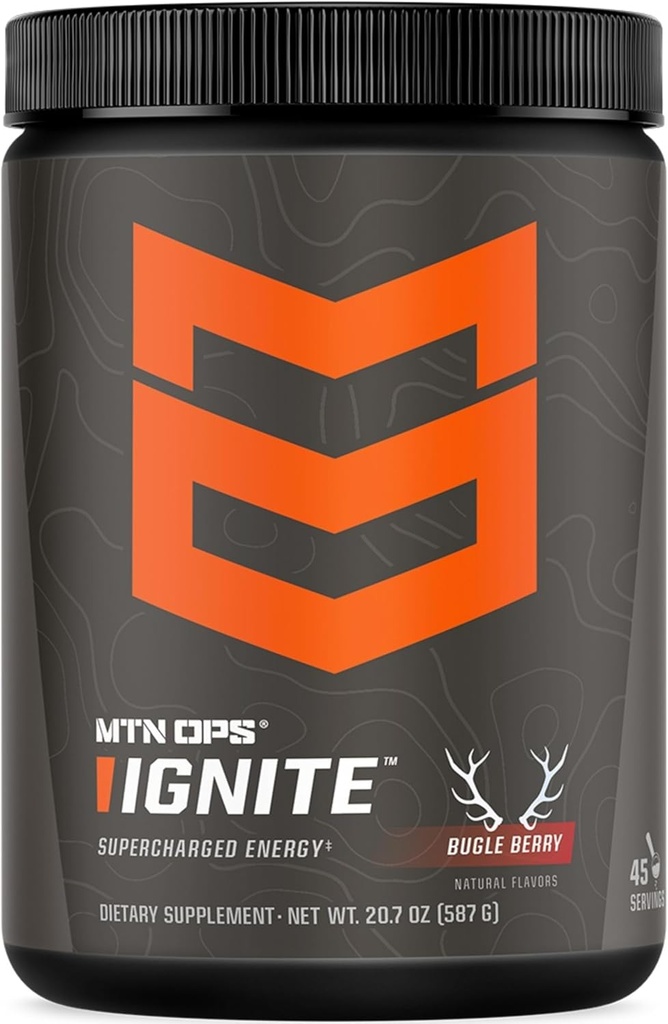 MTN OPS Ignite Energy Drink Powder, Glutenvrije Nootropic Supplement Drink Mix, L Arginine, L Citrulline, Cafeïne & Nootropic Sugar Free Drink Mix, 45 Servings, Bugle Berry