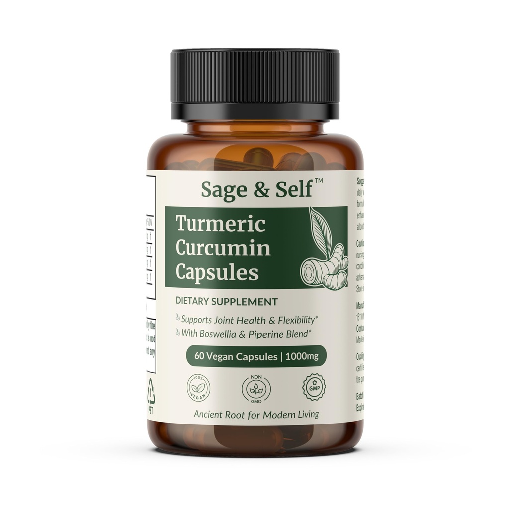 Sage & Self Turmeric Curcumin Capsules – 95% Curcumin Extract with Ginger, Boswellia & Black Pepper – 1000 mg Per Serving – Vegan Herbal Supplement (60 Capsules)
