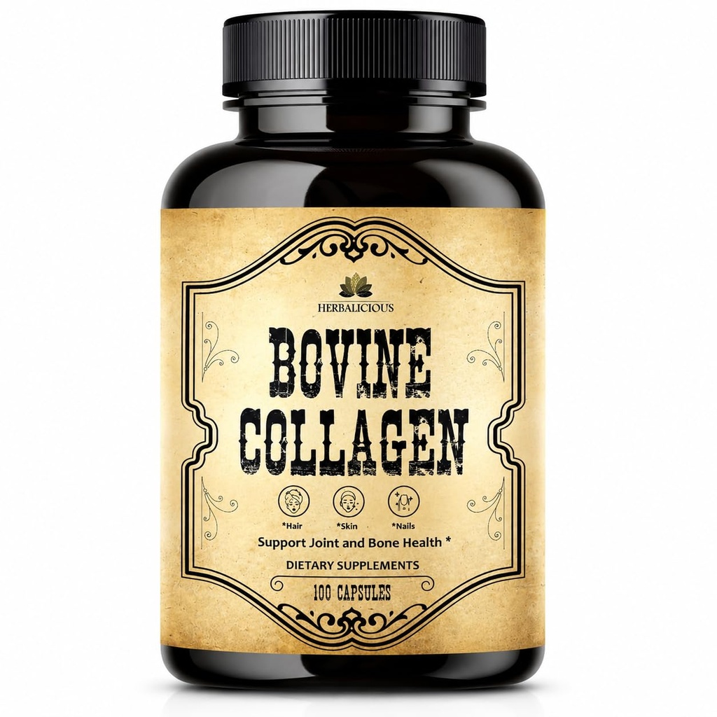 HERBALICIOUS Bovine Collagen Supplements for Men and Women | Hydrolyzed Grass-Fed Bovine Collagen Peptides | Joint, Nerve & Bone Support | Non-GMO, Anti-Aging | 100 Capsules