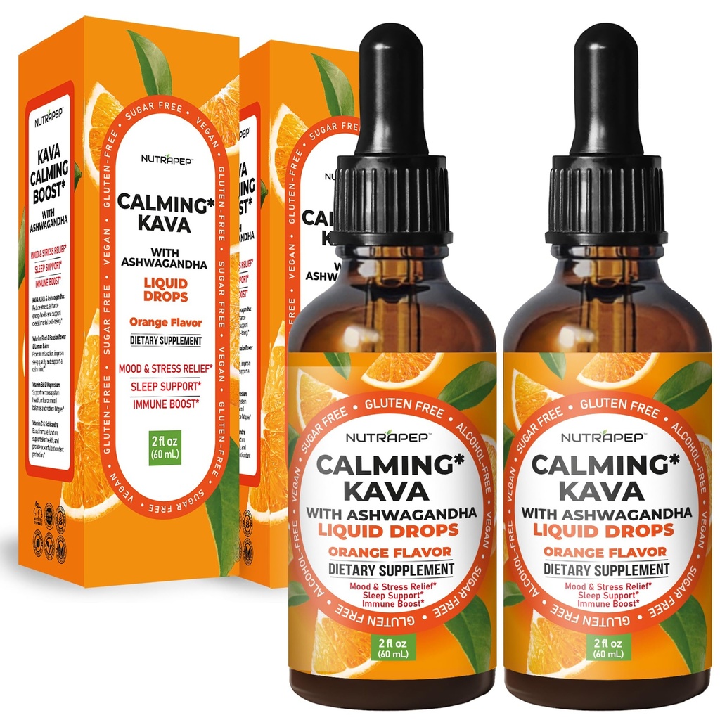 NutraPep Kava Ashwagandha Extract Liquid Drops - Calming Adaptogen Supplement with Valerian Root Passionflower Lemon Balm for Mood Rest Stress Support - Alcohol-Free Vegan Gluten-Free Non-GMO