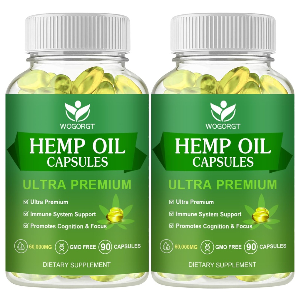 (2Pack) Hemp Oil Capsules - 60,000 Maximum Strength, Immune Support, Focus Calm, Relaxation, Mood, Rich in Omega 3, 6, 9 Fatty Acids - 90 Capsules