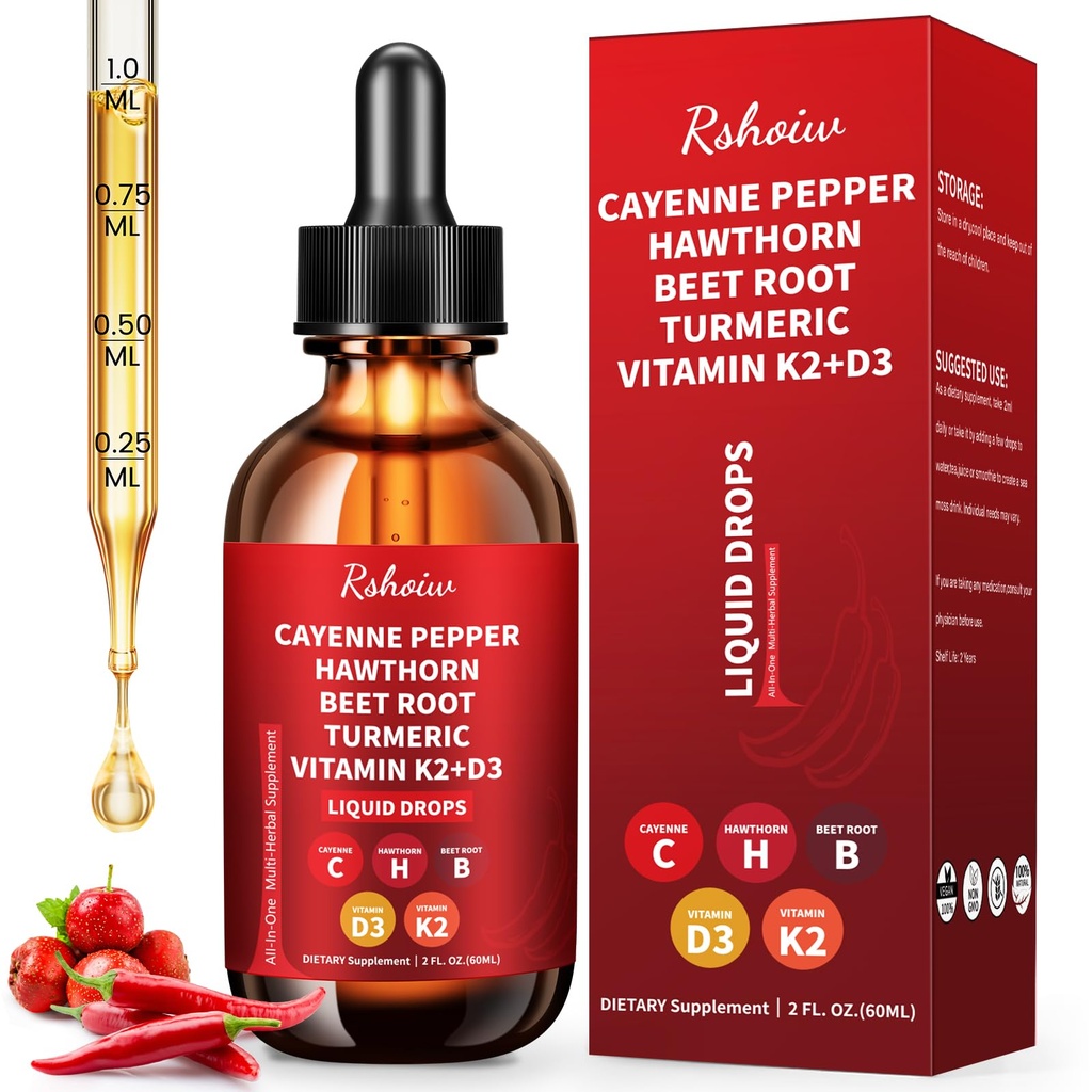 Cayenne Pepper Drops Supplement Liquid with Hawthorn Berry, Vitamin D3 K2, Turmeric Curcumin, Beet Root, Ceylon Cinnamon Vegan- Friendly - 60ml