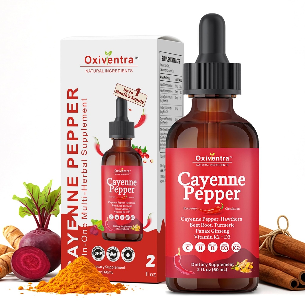 Cayenne Pepper Drops Liquid Supplement Smooth & Sweet Herbal Liquid + Hawthorn Berry, Vitamin D3 K2 Beet Root Powder, Ceylon Cinnamon, Turmeric Curcumin, Organic Panax Ginseng - 2fl oz