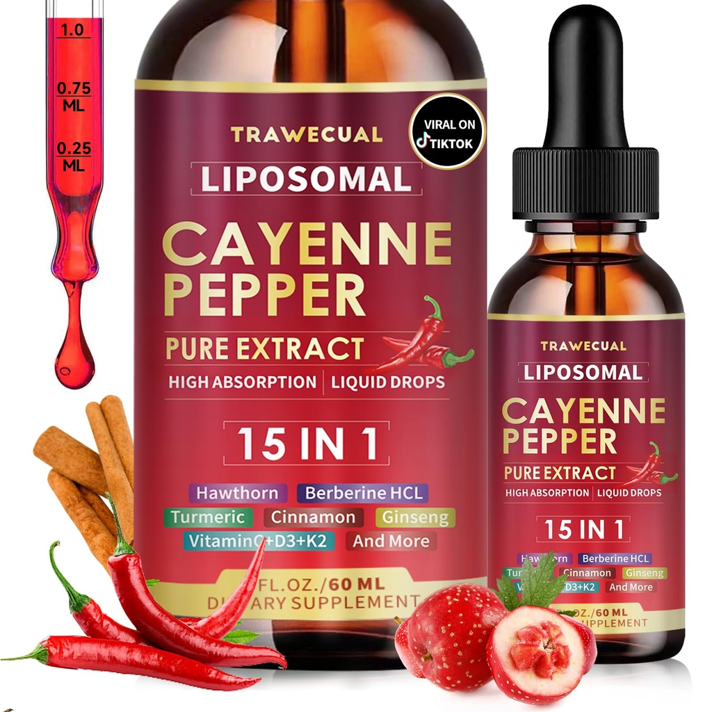 15 in1 Liposomal Cayenne Pepper Liquid Drops Supplement, with Vitamin D3 K2, Hawthorn, Berberine HCL, Beet Root, Turmeric, Cinnamon, Digestion, Circulatory Heath Support- 2 Fl Oz for 30 Days