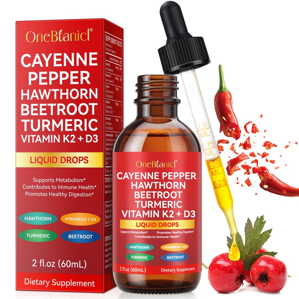 Cayenne Pepper Drops Supplement Liquid, Turmeric Curcumin, Hawthorn Berry, Ceylon Cinnamon, Organic Panax Ginseng, Berberine Extract, 2 Oz