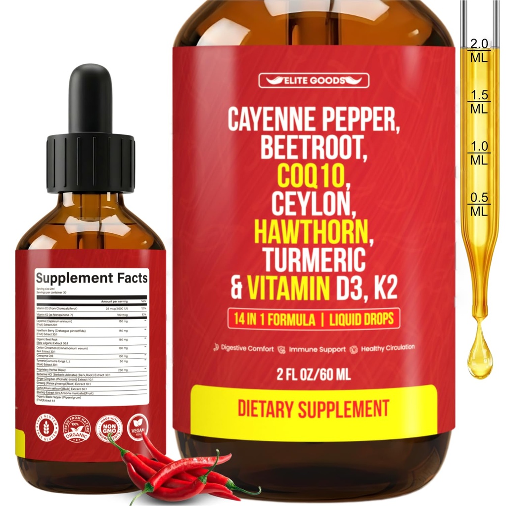 Cayenne Pepper Drops - Organic Supplement with Hawthorn Berry, Beet Root Powder, COQ10, Vitamin D3 & K2, Ceylon Cinnamon, Turmeric, Ginseng & Berberine - 60 ml (1 Pack)