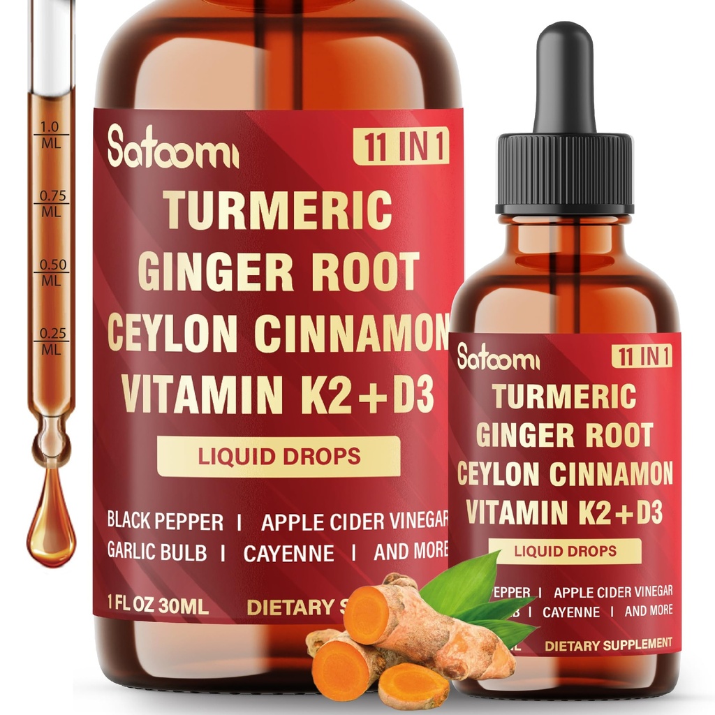 11in1 Liquid Turmeric Supplement for Immunity, Heart & Energy – with Vitamin D3, K2 MK7, Ginger, Garlic, Ceylon Cinnamon, Berberine, Ginseng, Apple Cider Vinegar – 30ml Drops – 60 Servings