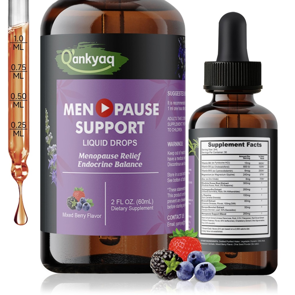 Q'ankyaq Menopause Support Liquid Drops with Ashwagandha, Red Clover, Black Cohosh, Chasteberry - Hot Flashes, Hormone Balance, Mood & Energy, Metabolism, 2 Fl Oz