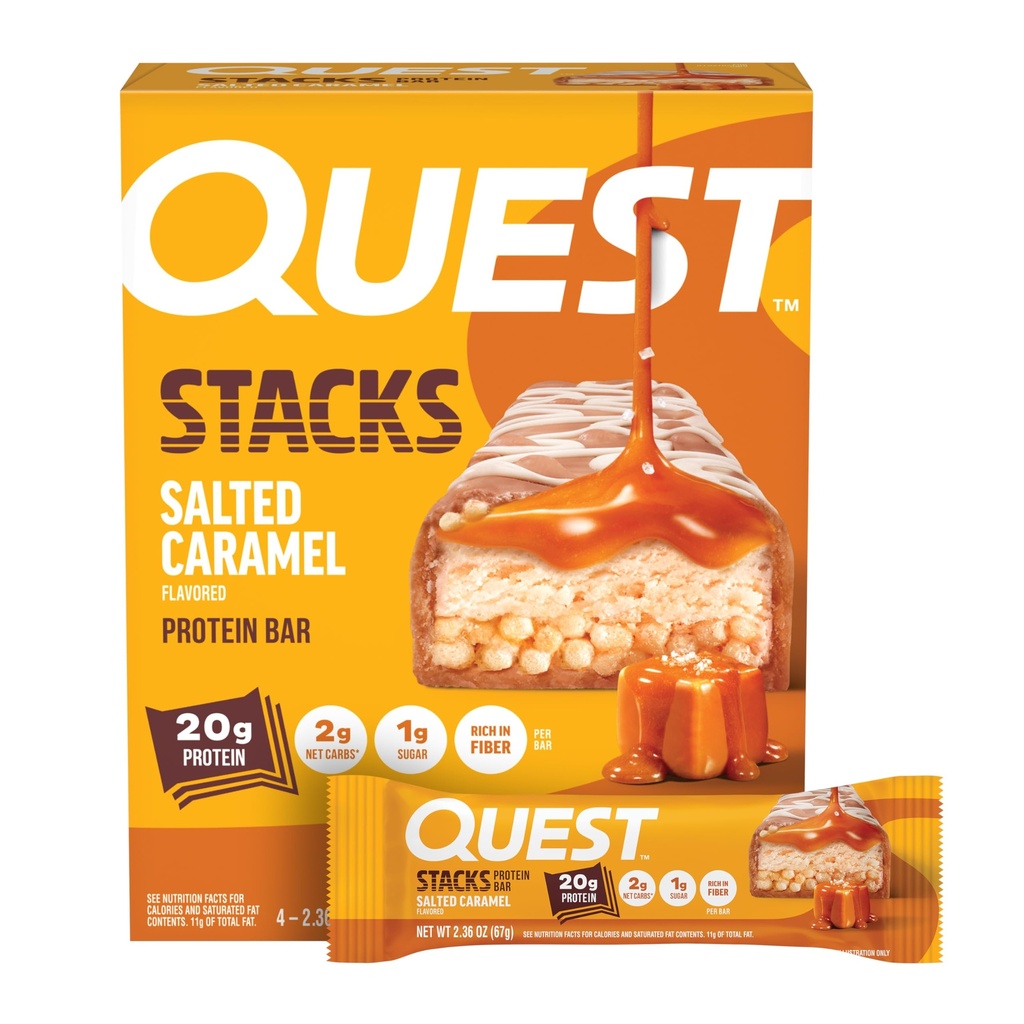 Quest Nutrition Stacks Protein Bars, Salted Caramel Flavor, 20g Protein, 2g Net Carbs, 1g Sugar, High Fiber, Low Sugar, Gluten Free, 4 Count