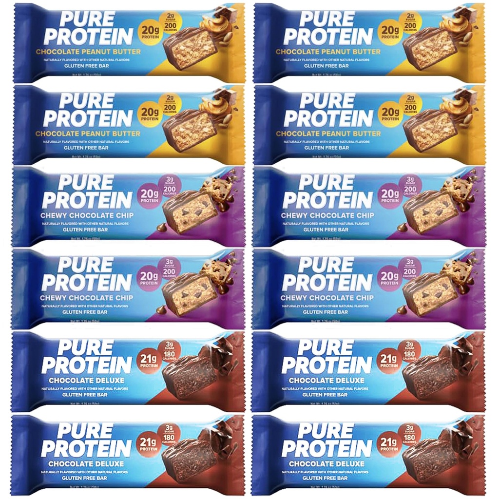 Pure Protein Bars, High Protein, Nutritious Snacks to Support Energy, Low Sugar, Gluten Free 4 pcs Chocolate Peanut Butter 4 pcs Chocolate Deluxe 4 pcs Chewy Chocolate Chip