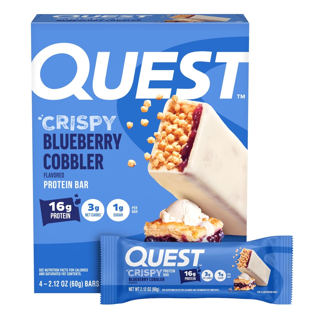 Quest Nutrition Crispy Blueberry Cobbler Hero Protein Bar, 16g Protein, 1g Sugar, 3g Net Carb, Gluten Free Protein Snack, Keto Friendly, 4 Count