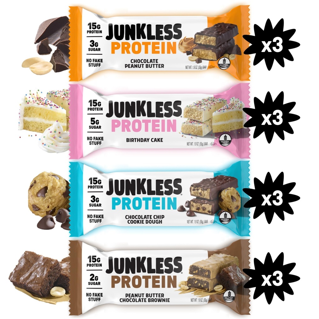 JUNKLESS Protein Bars Variety Pack | Chocolate Peanut Butter, PB Chocolate Brownie, Birthday Cake & Choc Chip Cookie Dough | 15g Protein, No Added Sugar, High Fiber | 12 Bars