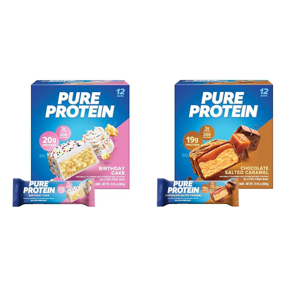 Pure Protein Birthday Cake and Chocolate Salted Caramel High Protein Bars, 1.76 oz, Pack of 12