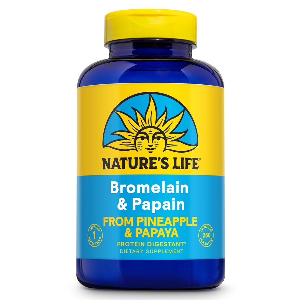 Nature's Life Bromelain & Papain Proteolytic Enzyme Supplement for Men & Women - From Pineapple & Papaya, Digestive Health Support Veg Caps, Bromelain 250 mg and Papain 250 mg - 250 Capsule CT