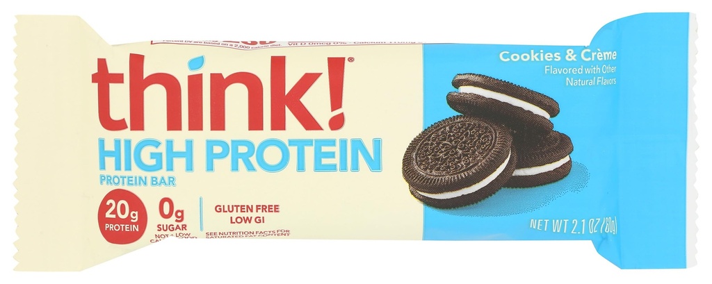 think!, High Protein Bars - Cookies and Crème, 20g Protein, 0g Sugar, No Artificial Sweeteners, Gluten Free, GMO Free, 2.1 Ounce bar