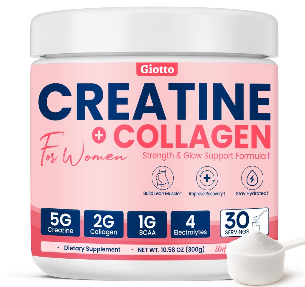 Giotto Creatine Monohydrate Powder with Collagen for Women – 5g Creatine, 2g Collagen & 1g BCAAs with 4 Electrolytes for Strength & Lean Muscle – Unflavored, 30 Servings