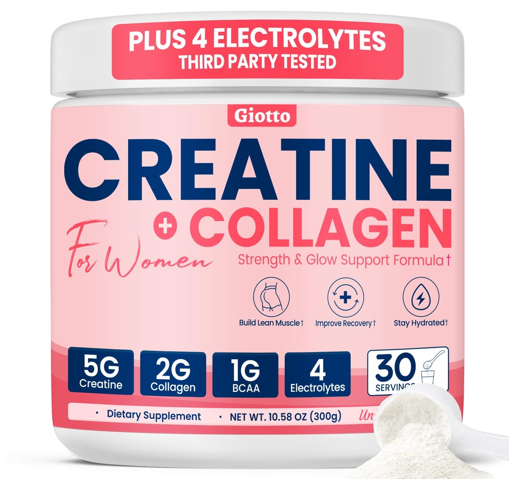 Giotto Creatine Powder for Women – 30 SVG, 5g Monohydrate Creatine with 2g Collagen, 1g BCAAs & Electrolytes for Lean Muscle, Strength & Recovery – Unflavored