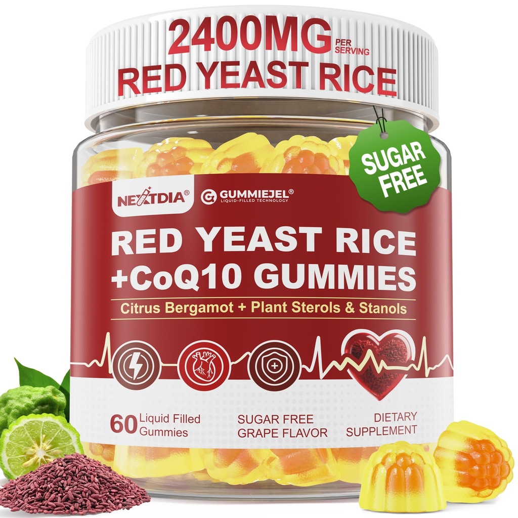Red Yeast Rice Gummies 2400MG with CoQ10, Suagr Free Balanced Chṏlesterṏl Supplements Plus Citrus Bergamot, Plant Sterols & Stanols Supports Vḁsculḁr Health, Energy, Immunity for Age 50+,Vegan,60 Cts