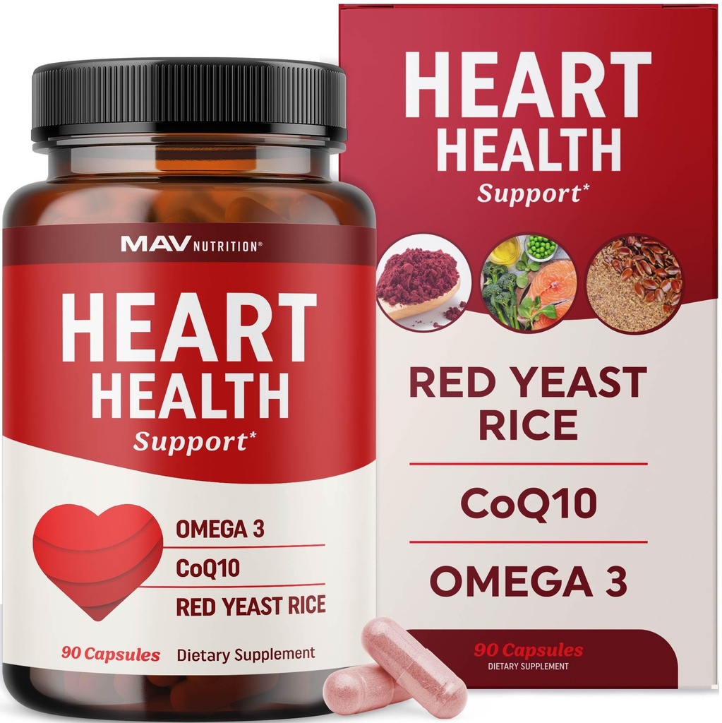 Red Yeast Rice with CoQ10 + Omega 3 for Healthy Cholesterol Support | 1200mg | Heart Health Support | Red Yeast Rice 1200 mg. Capsules | Non-GMO, Gluten-Free | Heart Health Supplements | 90 Ct