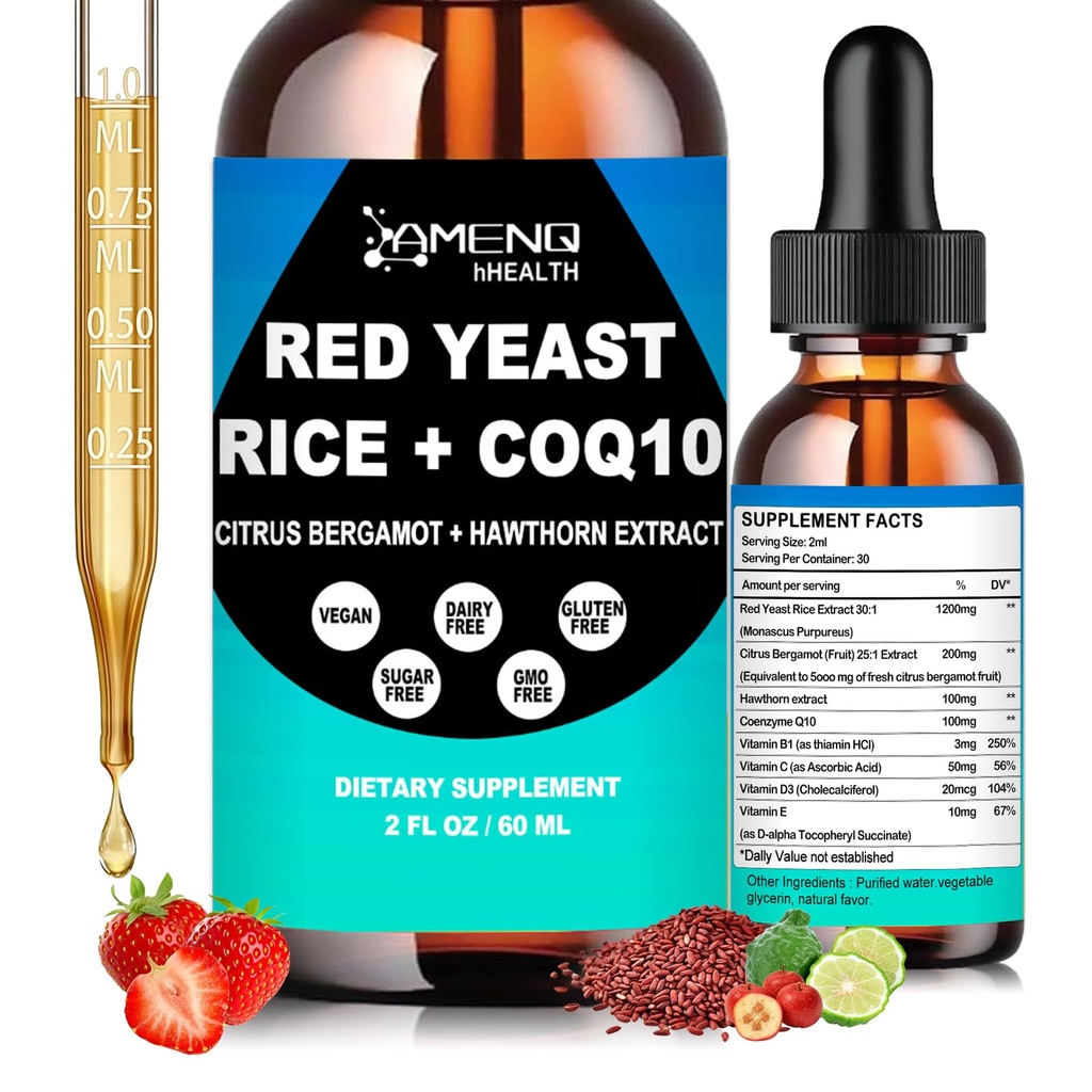 Red Yeast Rice with CoQ10 Supplement Liquid, Advanced Healthy Heart & Healthy Cholesterol Levels, Citrus Bergamot Red Yeast Rice 1200 mg for Men & Women, Extra Strength Liquid Red Yeast Rice丨2Fl Oz