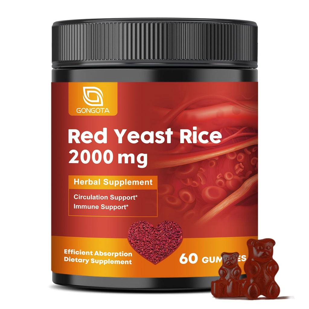 Red Yeast Rice 2,000mg with CoQ10 Gummies - Max Strength Extract Red Yeast Rice Supplement with CoQ10 200 Plus Citrus Bergamot - Natural Cholesterol Support,Vegan, Non-GMO, Gluten-Free – 60 Counts